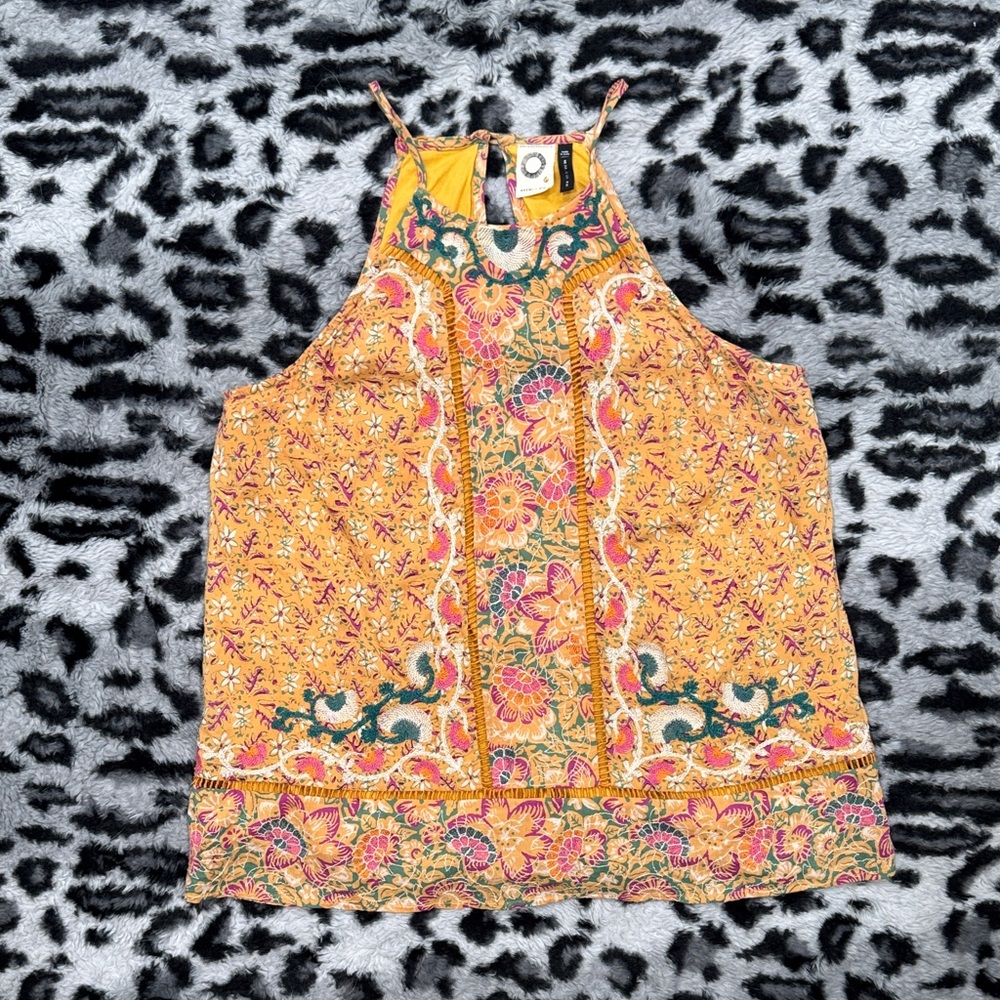 Anthropologie Yellow Floral Halter Camisole with Multicolor Embroidery